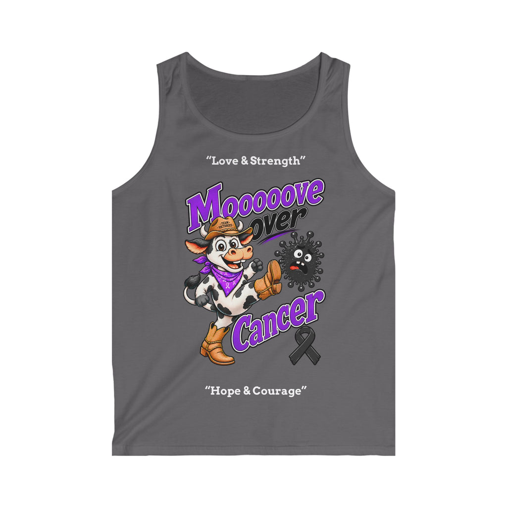 Charcoal Moooove Over Cancer tank top featuring colorful cowboy artwork and a black awareness ribbon