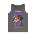 Charcoal Moooove Over Cancer tank top featuring colorful cowboy artwork and a black awareness ribbon