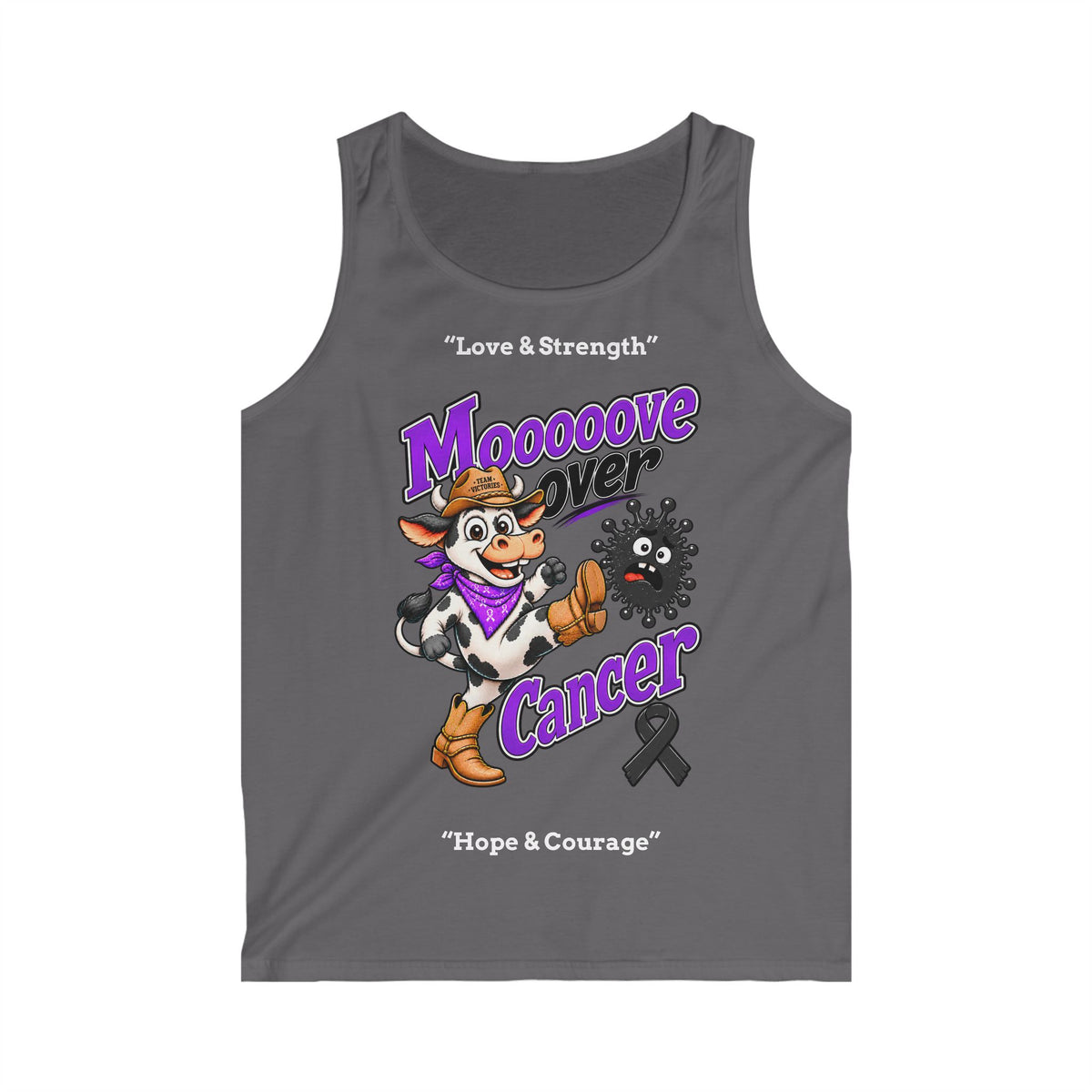 Charcoal Moooove Over Cancer tank top featuring colorful cowboy artwork and a black awareness ribbon