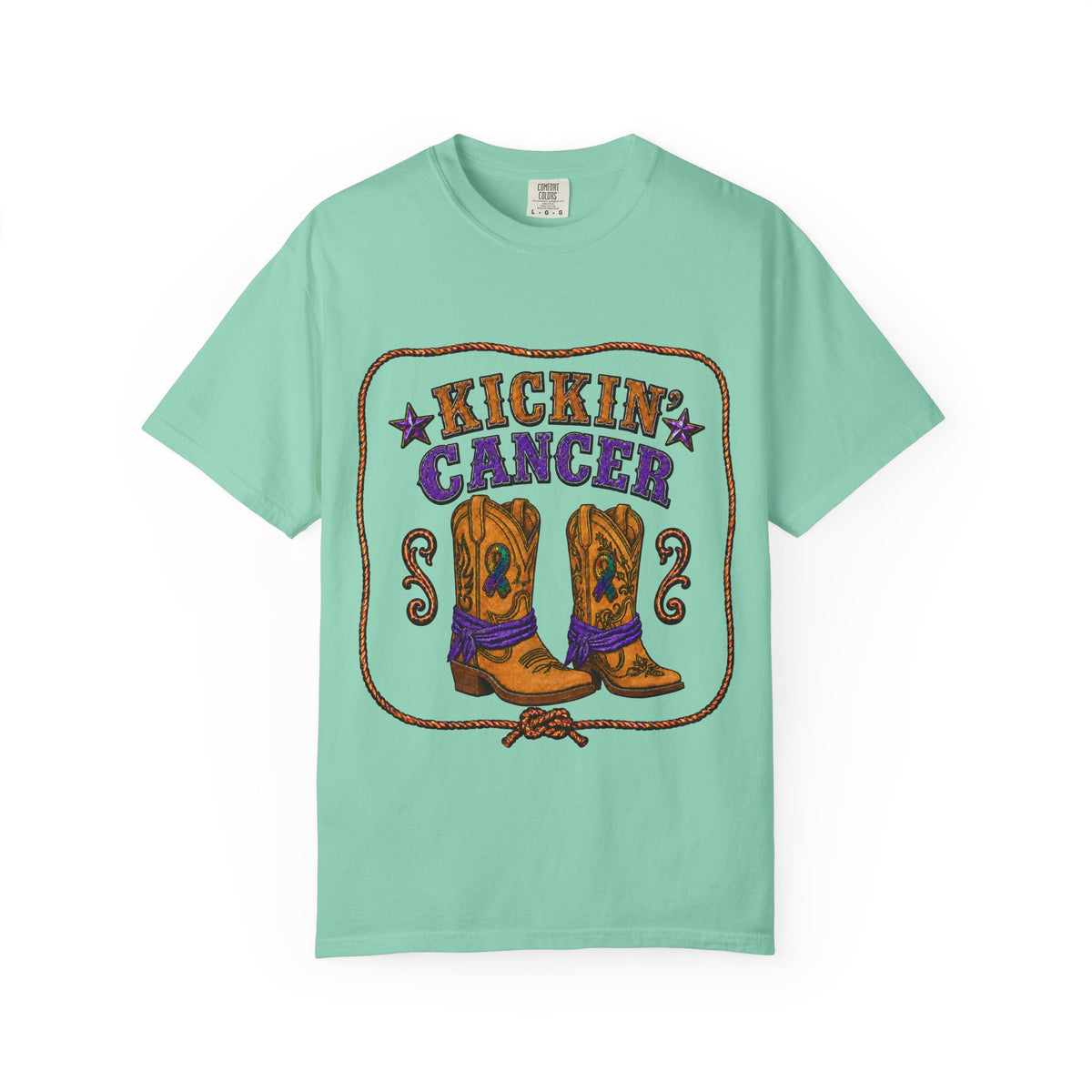 Chalky Mint Kickin' Cancer unisex T-shirt with western cowboy boot artwork