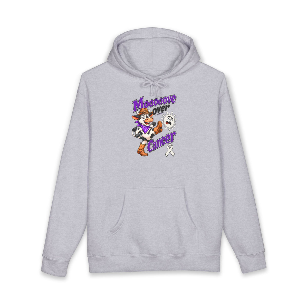 Moooove Over Cancer hoodie with Lung Cancer awareness ribbon, front detail on light gray