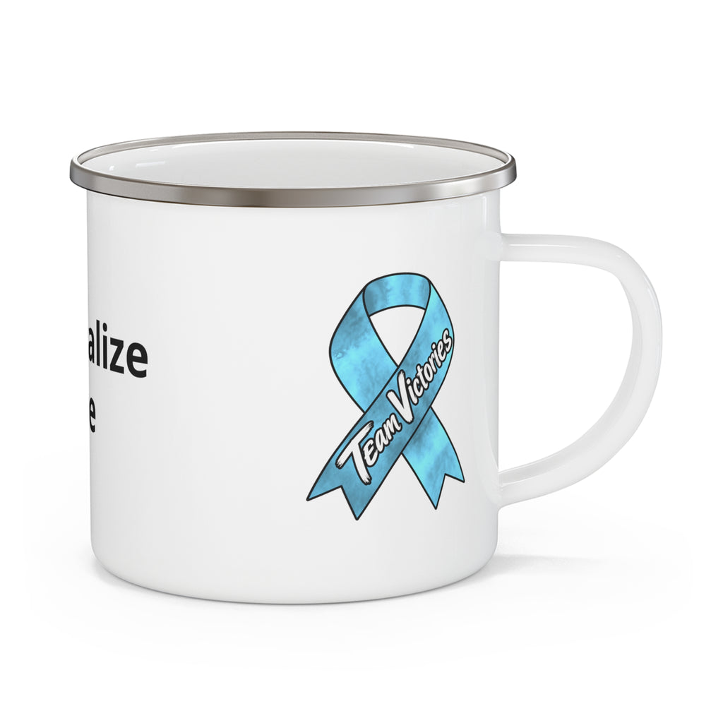 Moooove Over Cancer enamel mug with Team Victories Prostate Cancer awareness ribbon design