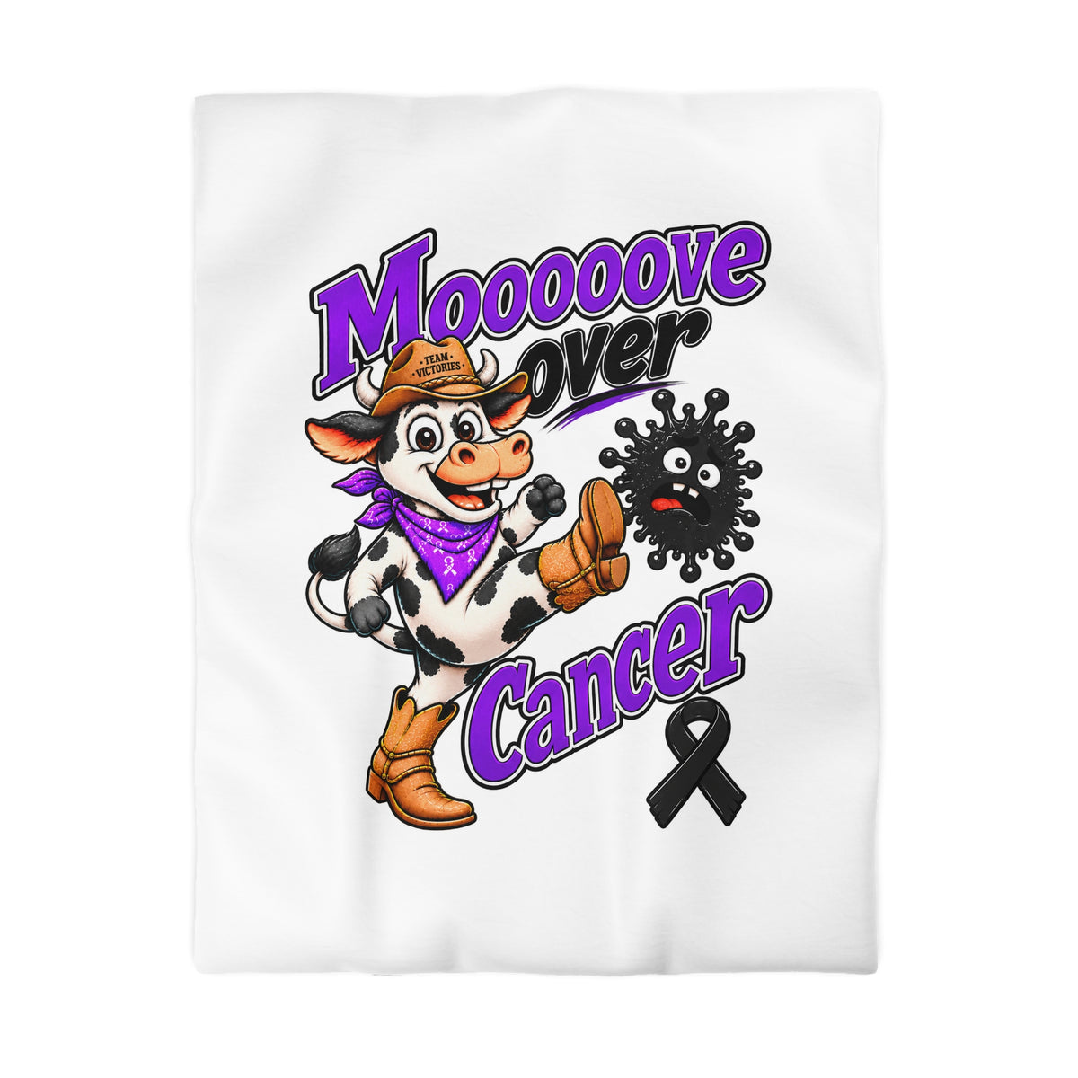 Moooove Over Cancer microfiber duvet cover with cowgirl cow and Melanoma Cancer awareness ribbon