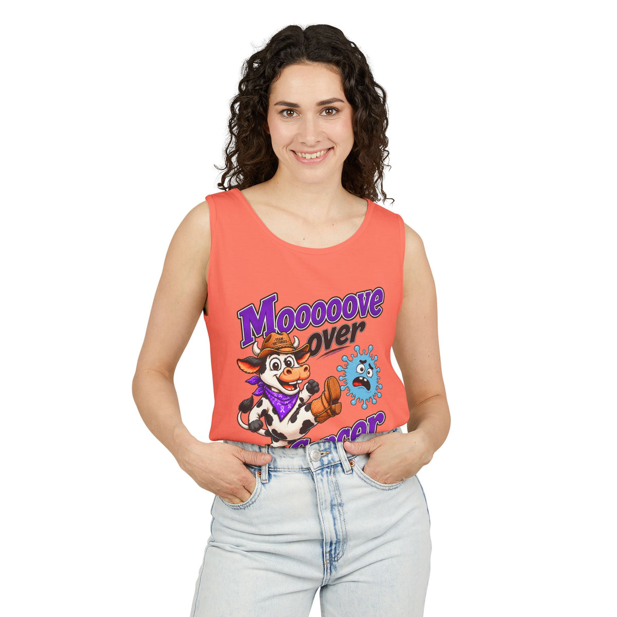 Man wearing a natural Moooove Over Cancer tank top with Prostate Cancer awareness artwork