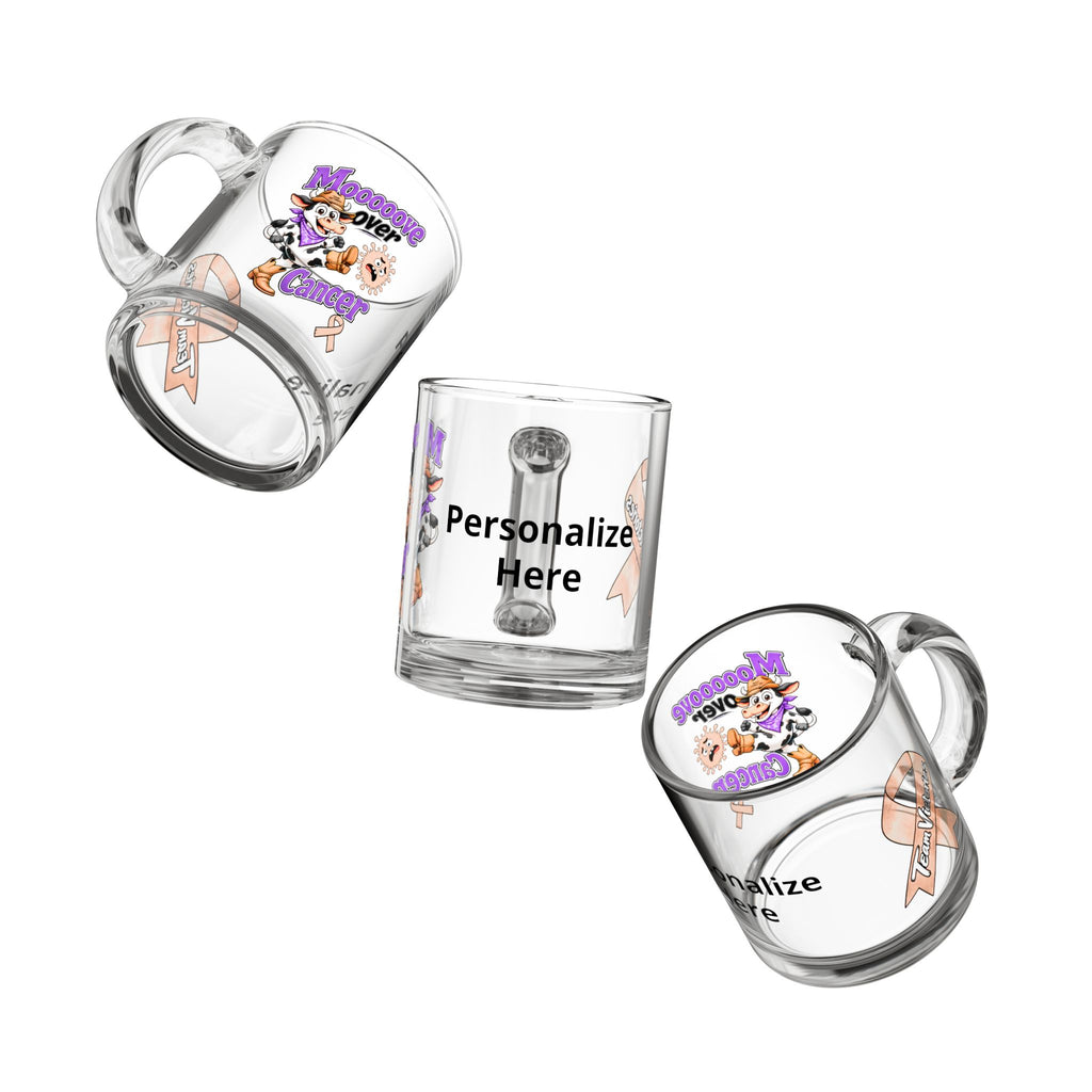 Multiple views of the personalized Moooove Over Cancer 10 oz glass mug