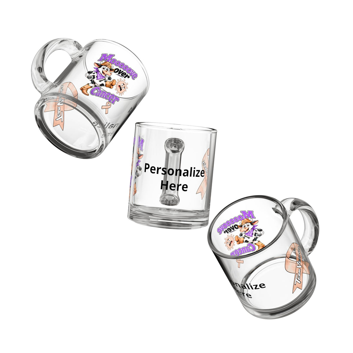 Multiple views of the personalized Moooove Over Cancer 10 oz glass mug