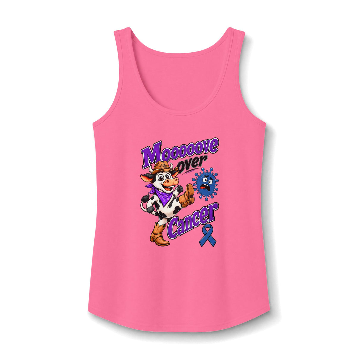 Moooove Over Cancer tank top with Colon Cancer awareness ribbon on a pink tank
