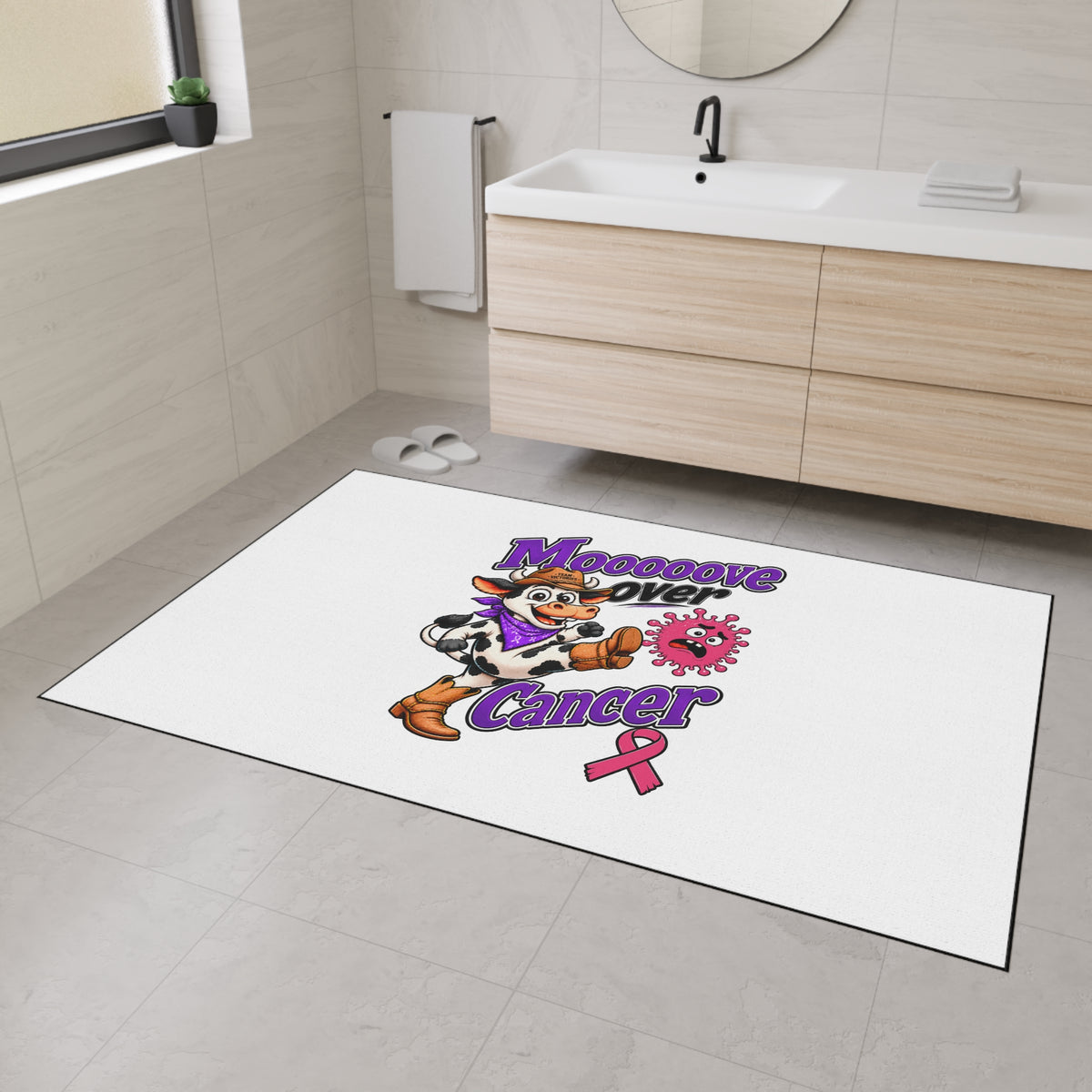 Moooove Over Cancer mat styled in a bathroom with cowboy-cow artwork