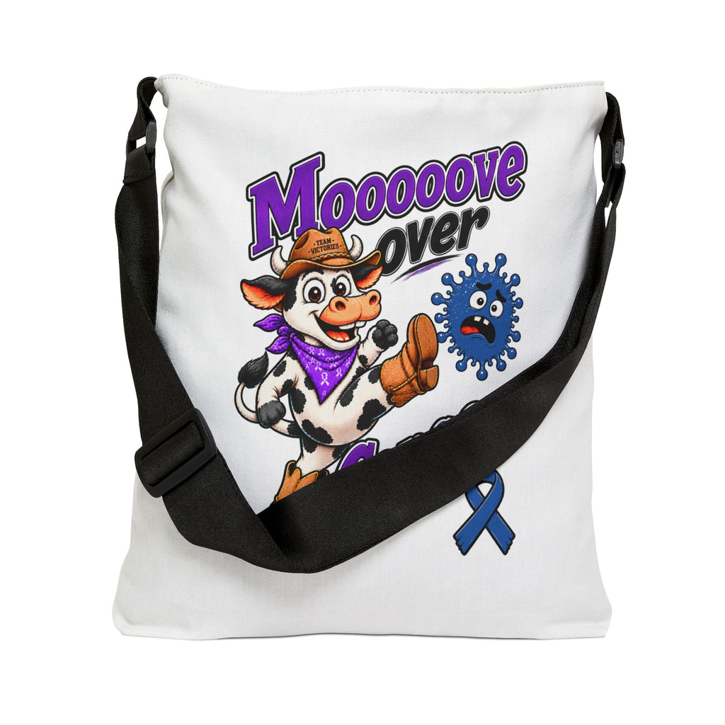 Angled view of the Moooove Over Cancer tote with black crossbody strap