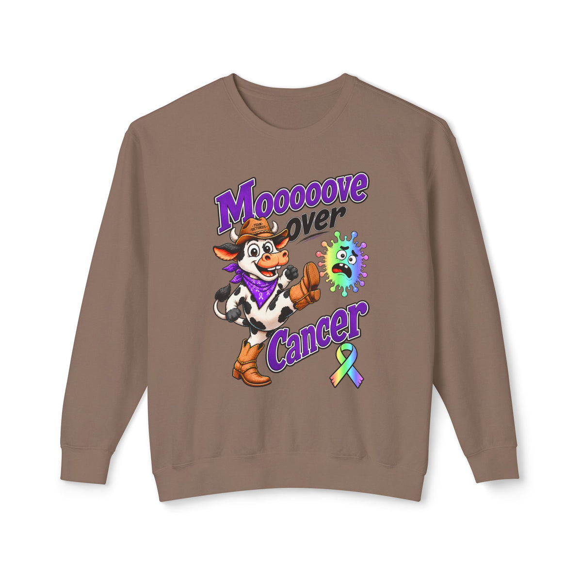 Moooove Over Cancer taupe crewneck sweatshirt with colorful cow graphic and all-cancer awareness ribbon