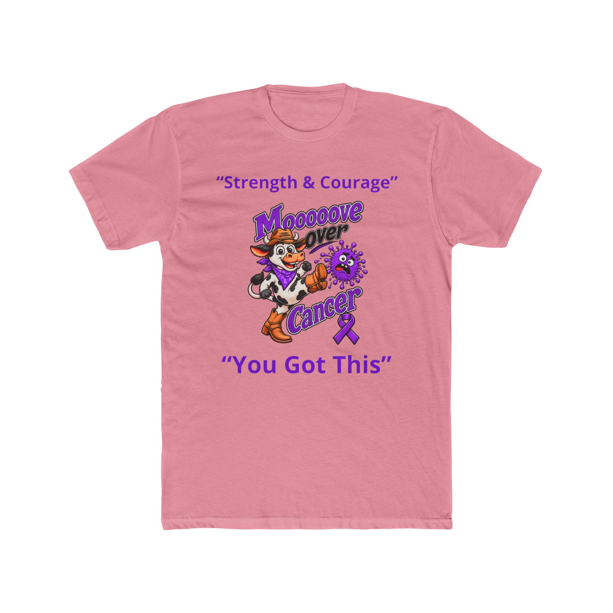 Pink Moooove Over Cancer T-shirt with character graphic and Pancreatic Cancer awareness ribbon design