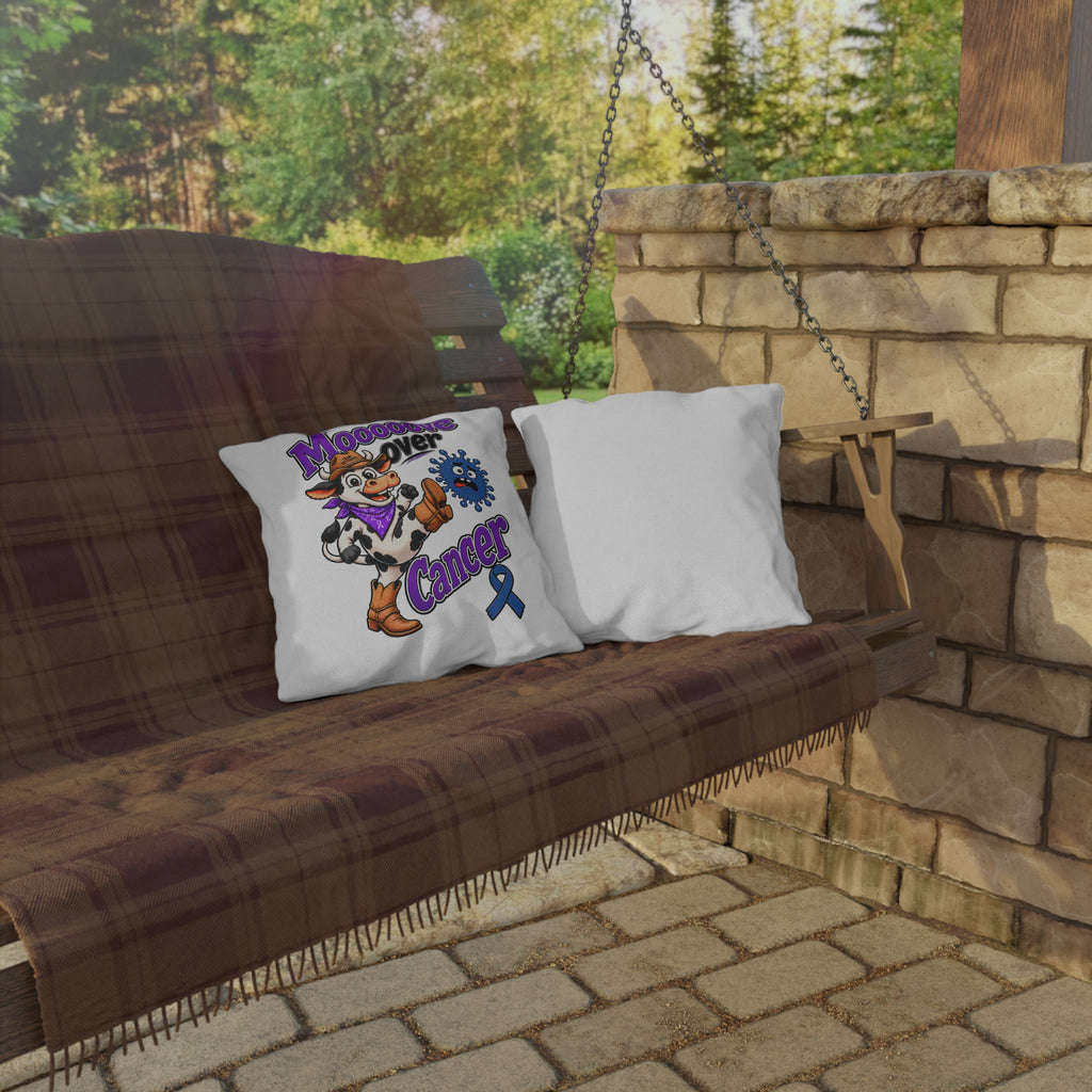 Moooove Over Cancer pillow displayed on an outdoor patio swing