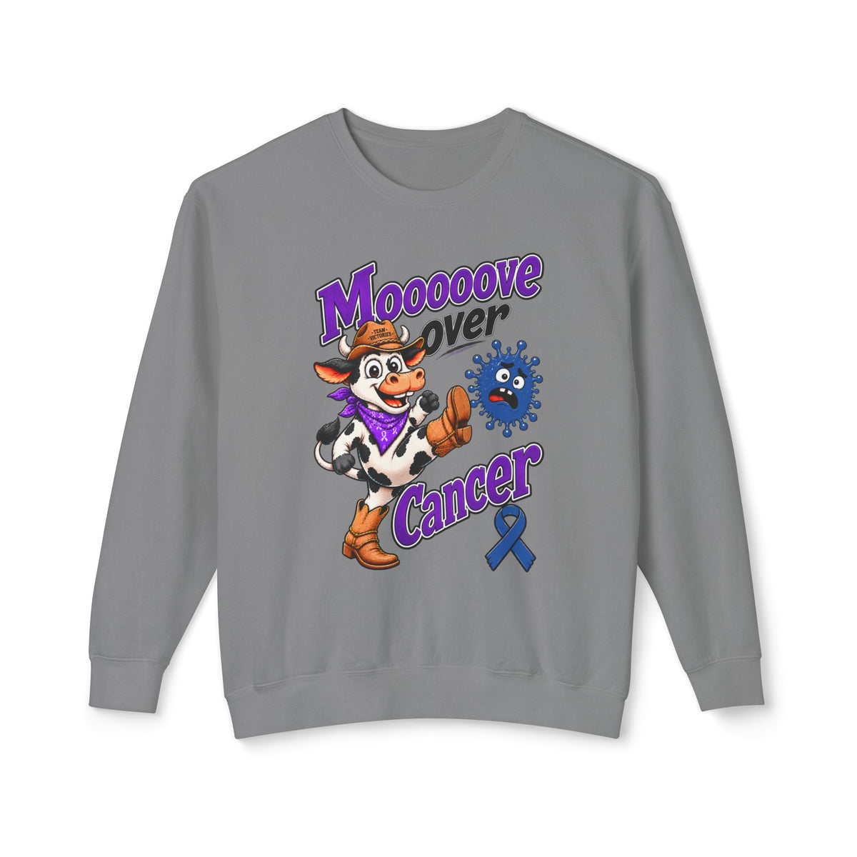 Moooove Over Cancer cow artwork sweatshirt with Colon Cancer awareness ribbon in gray
