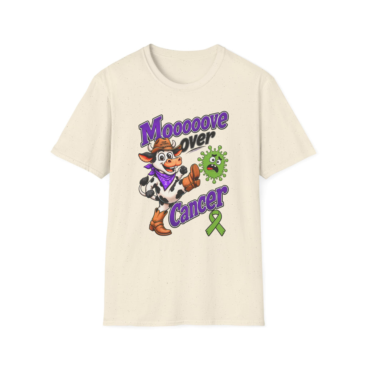 Speckled Moooove Over Cancer shirt with Western artwork and awareness ribbon