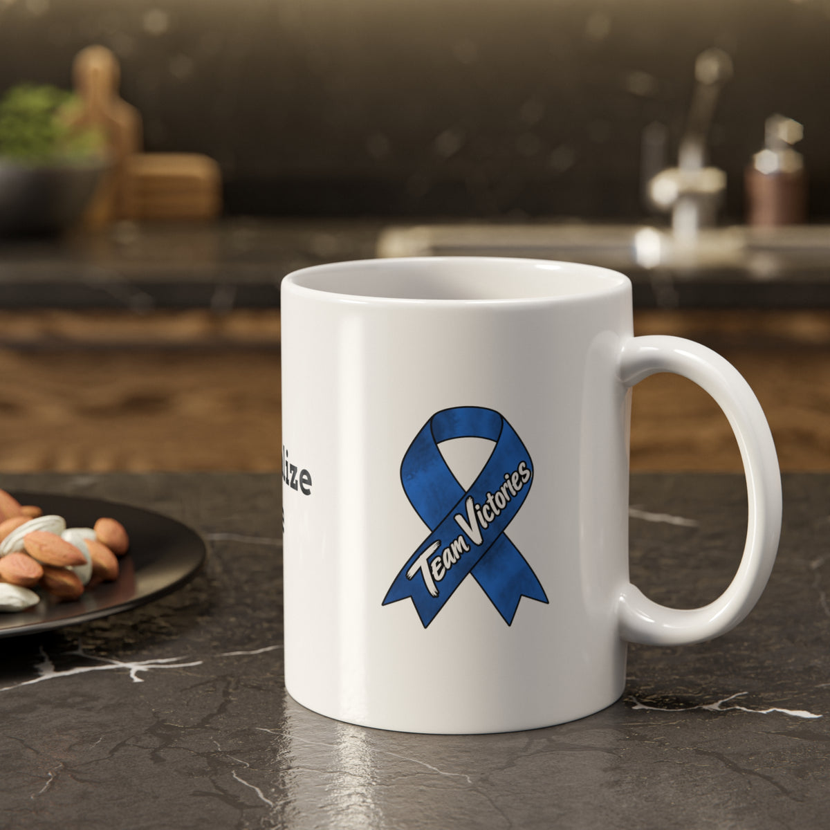 Moooove Over Cancer Team Victories mug with blue ribbon on a kitchen counter