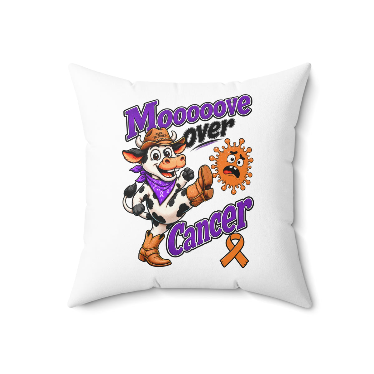 Moooove Over Cancer pillow featuring a cow kicking a cancer symbol and awareness ribbon