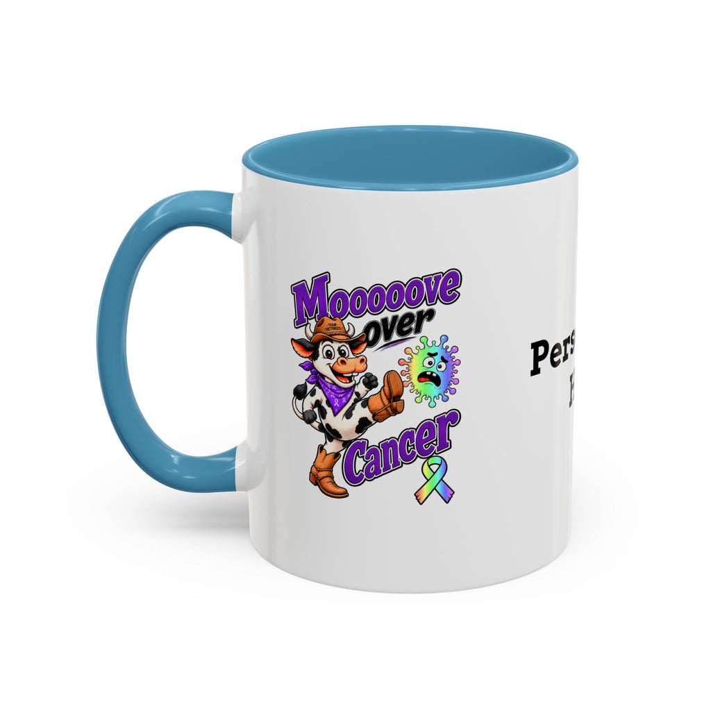 Team Victories all-cancer awareness ribbon on a mug with blue accent handle