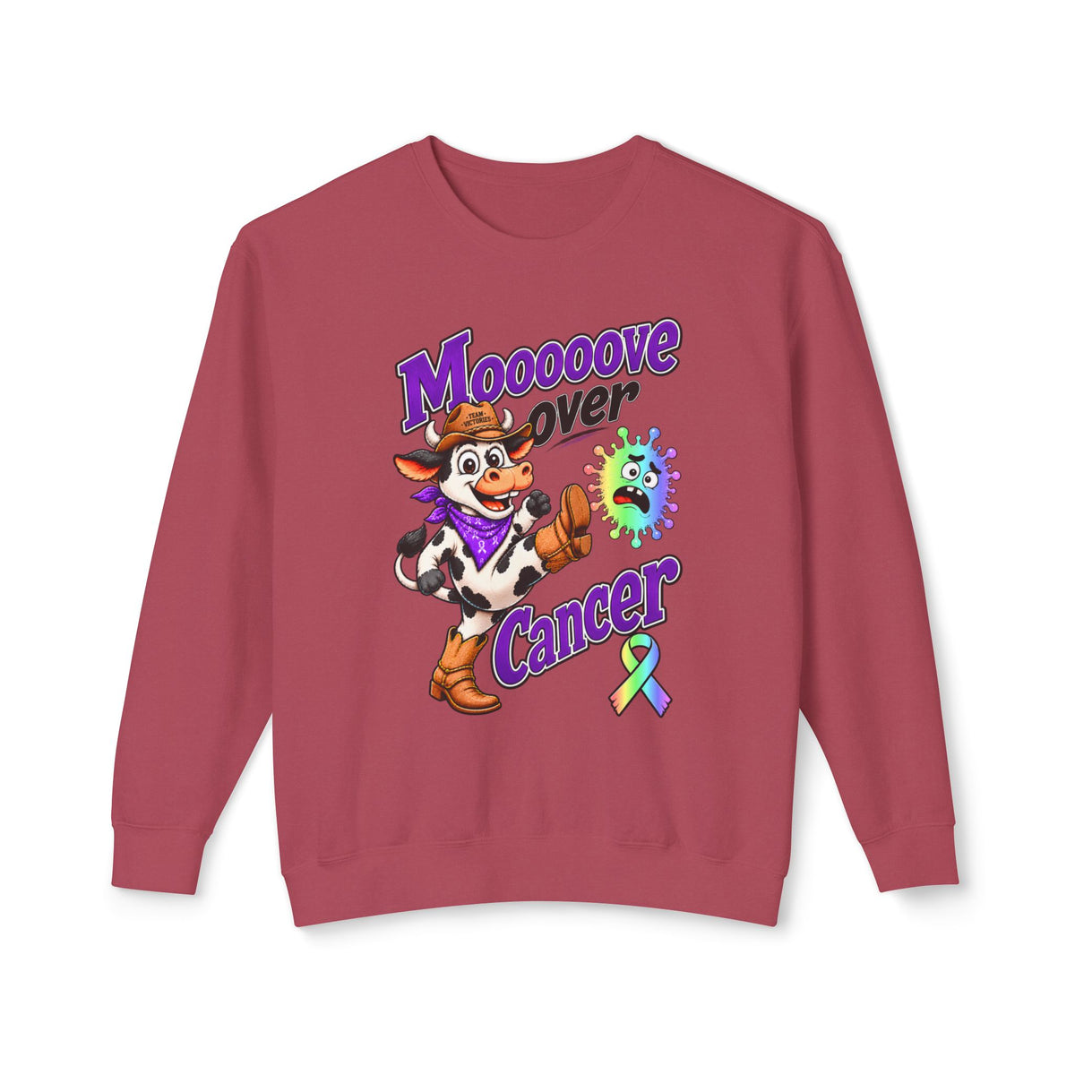 Moooove Over Cancer burgundy crewneck sweatshirt with colorful cow artwork and all-cancer awareness ribbon