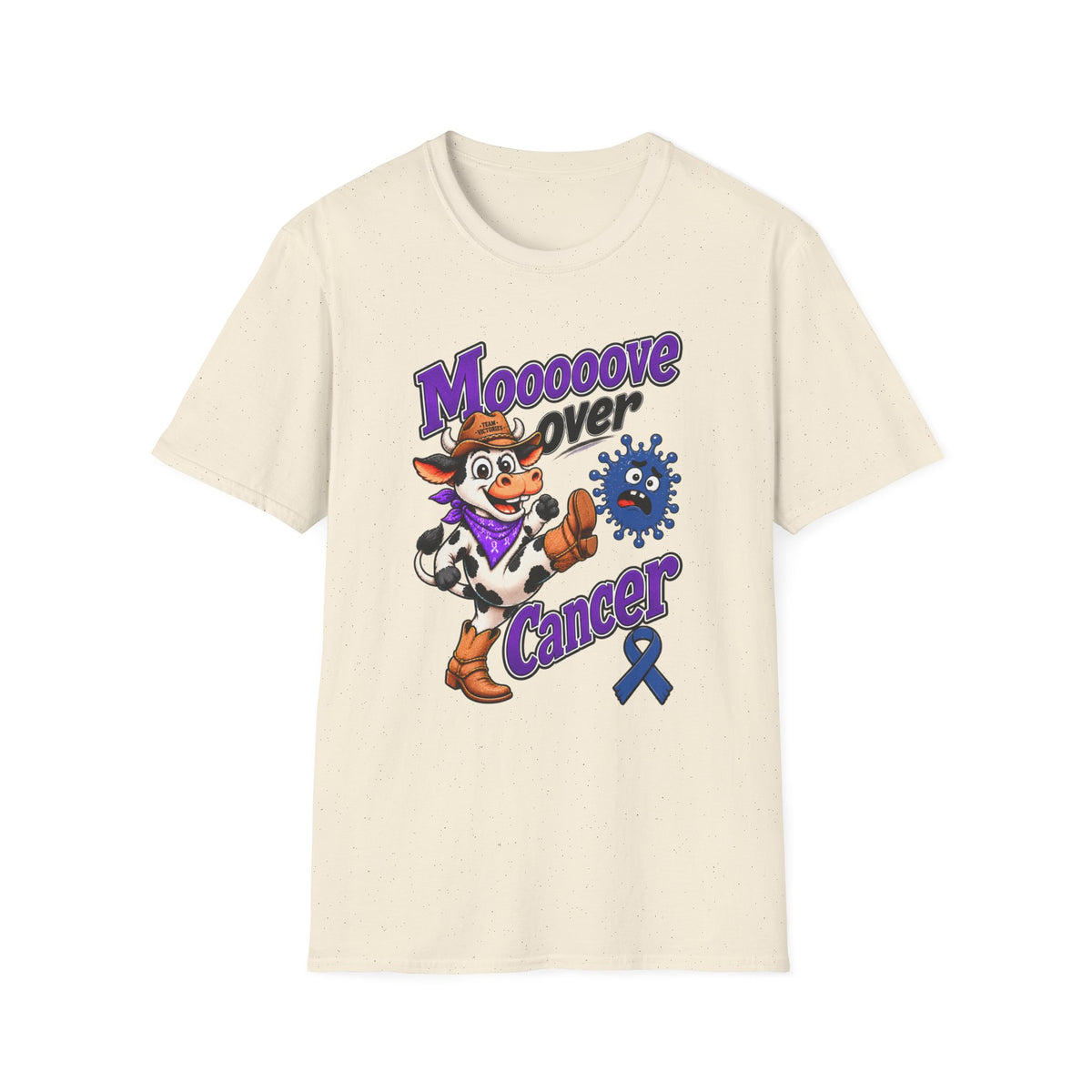Moooove Over Cancer T-shirt in speckled cream with Western cancer awareness artwork