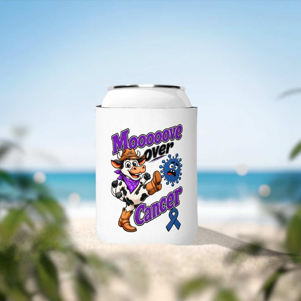 Moooove Over Cancer can cooler displayed outdoors with cow artwork and Colon Cancer awareness ribbon