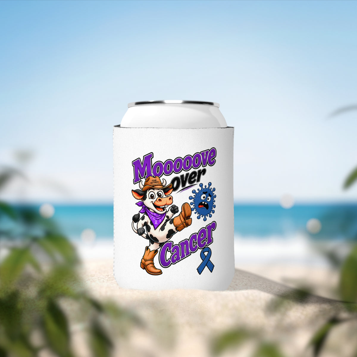 Moooove Over Cancer can cooler displayed outdoors with cow artwork and Colon Cancer awareness ribbon
