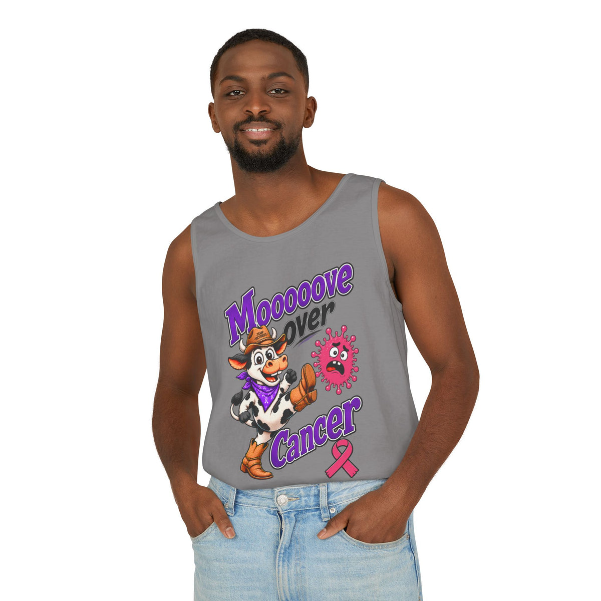 Woman wearing green Moooove Over Cancer tank top with Breast Cancer awareness ribbon