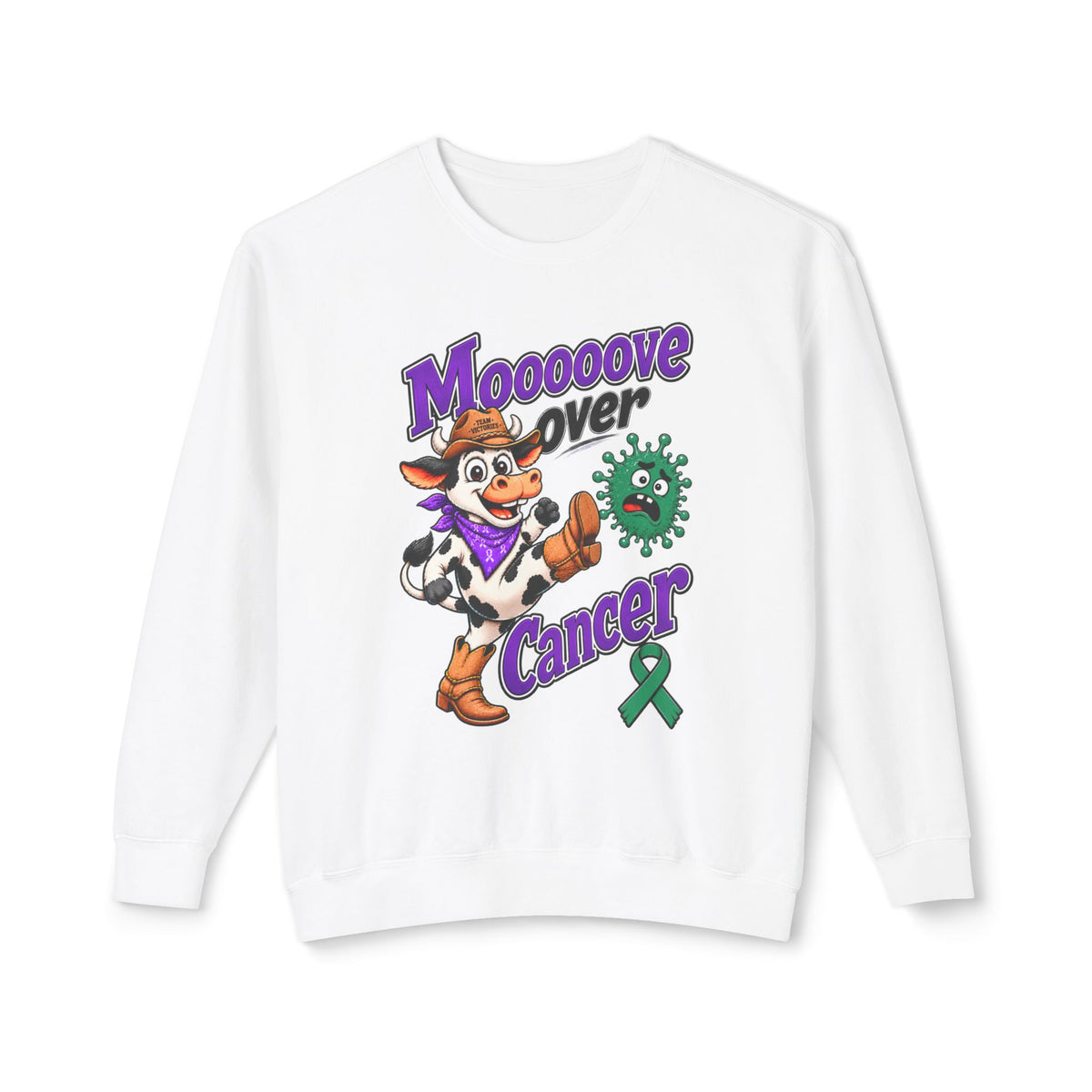 Moooove Over Cancer crewneck sweatshirt with cow graphic and Liver Cancer awareness ribbon in white