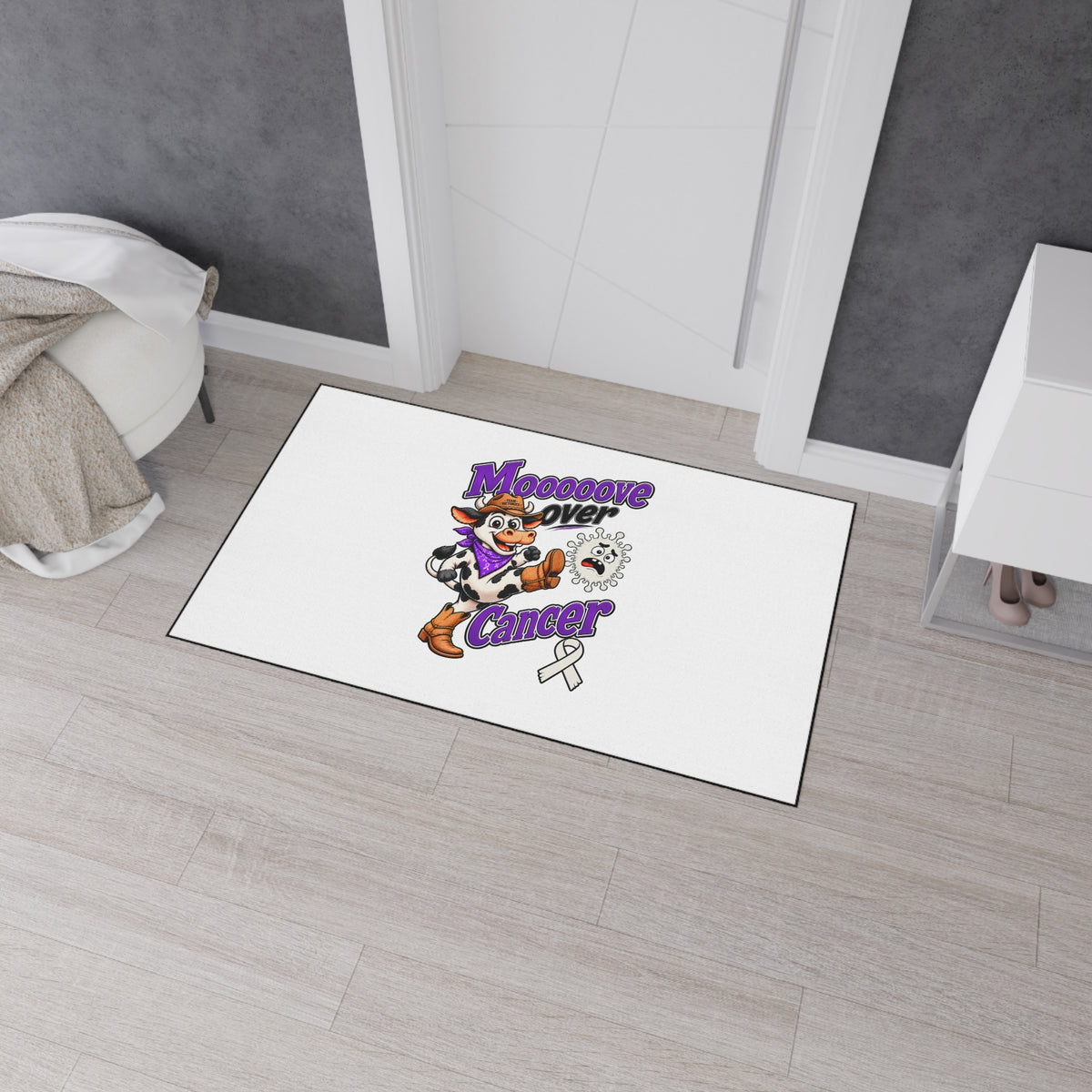 Moooove Over Cancer floor mat near a doorway with Western cowgirl artwork
