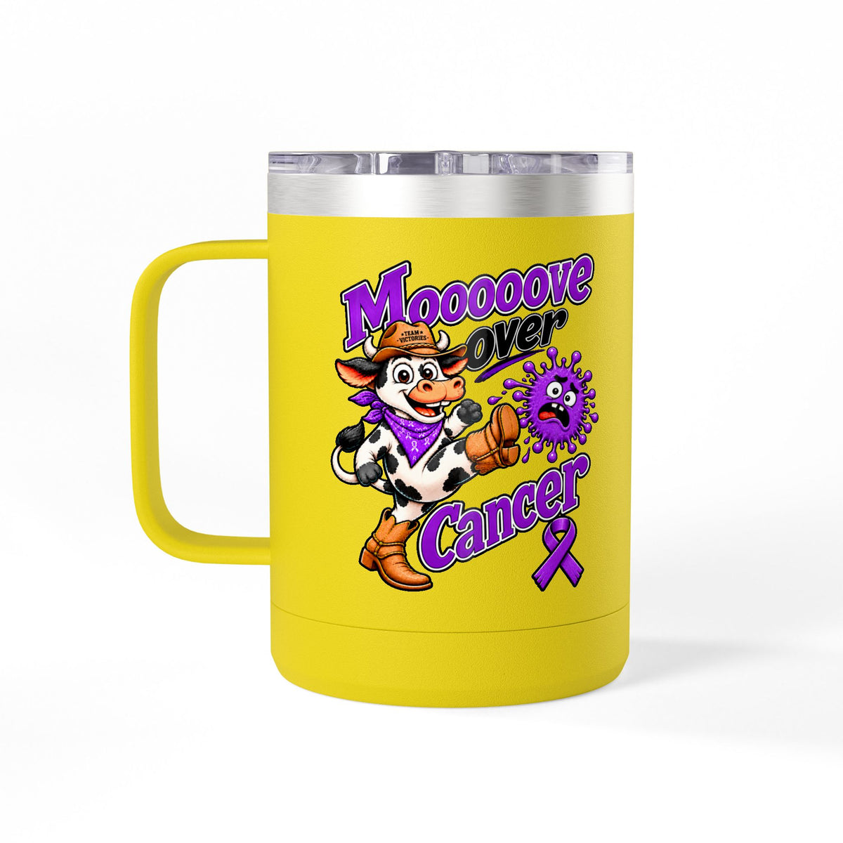 Yellow Moooove Over Cancer insulated mug with purple Pancreatic Cancer awareness ribbon