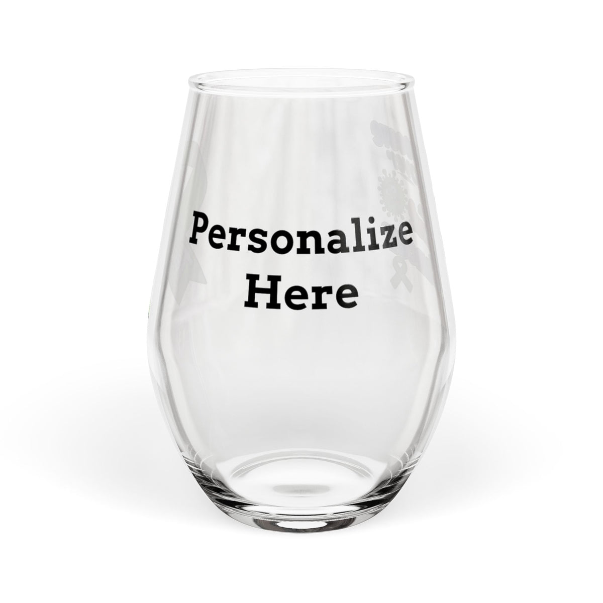 Moooove Over Cancer stemless wine glass showing the area for a chosen name or custom text