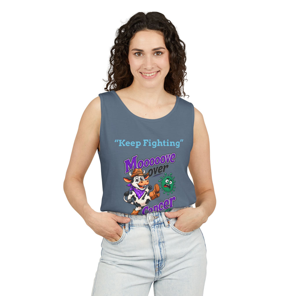 Man modeling a black Moooove Over Cancer tank top with Keep Fighting design