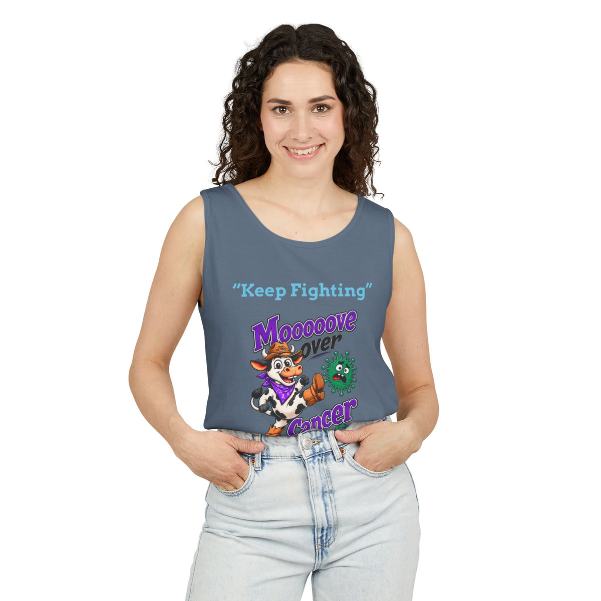 Man modeling a black Moooove Over Cancer tank top with Keep Fighting design