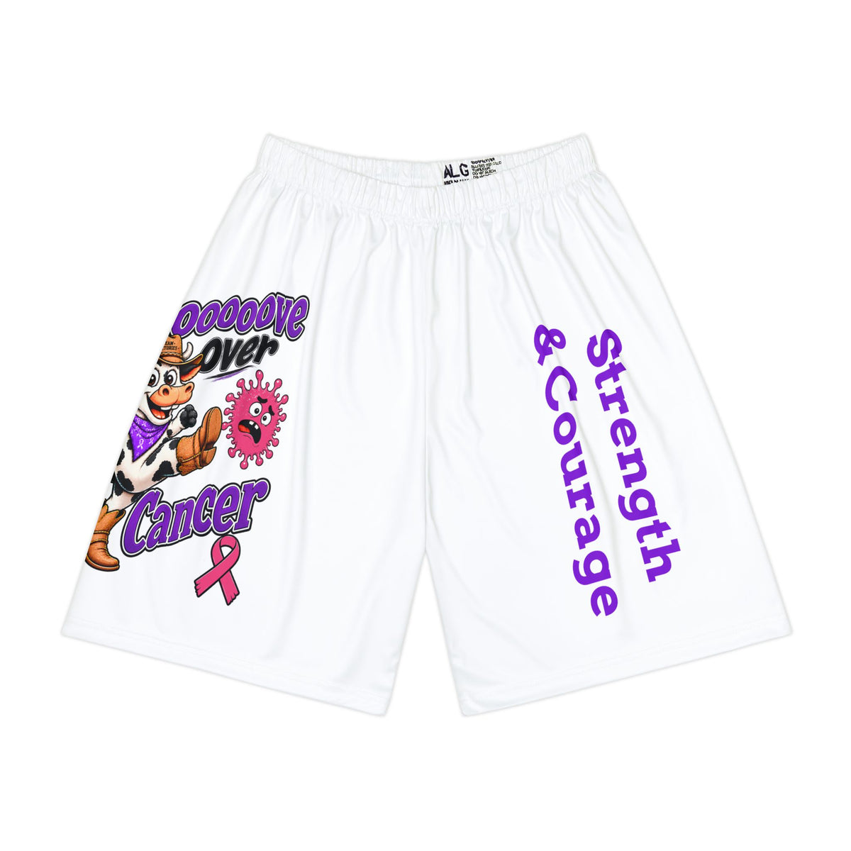 Moooove Over Cancer sports shorts with purple Strength & Courage lettering and pink ribbon