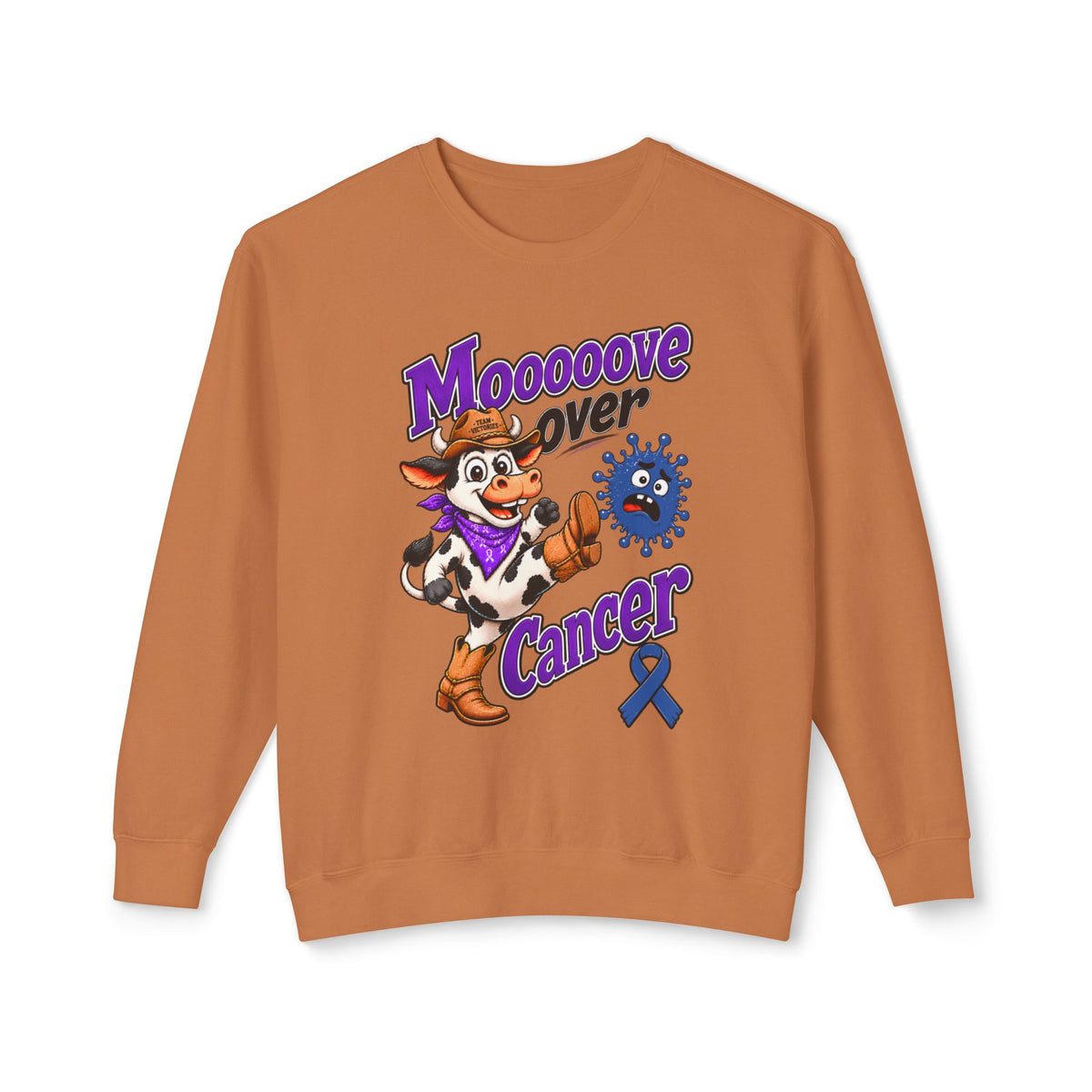 Moooove Over Cancer sweatshirt with cow artwork and Colon Cancer awareness ribbon in brown