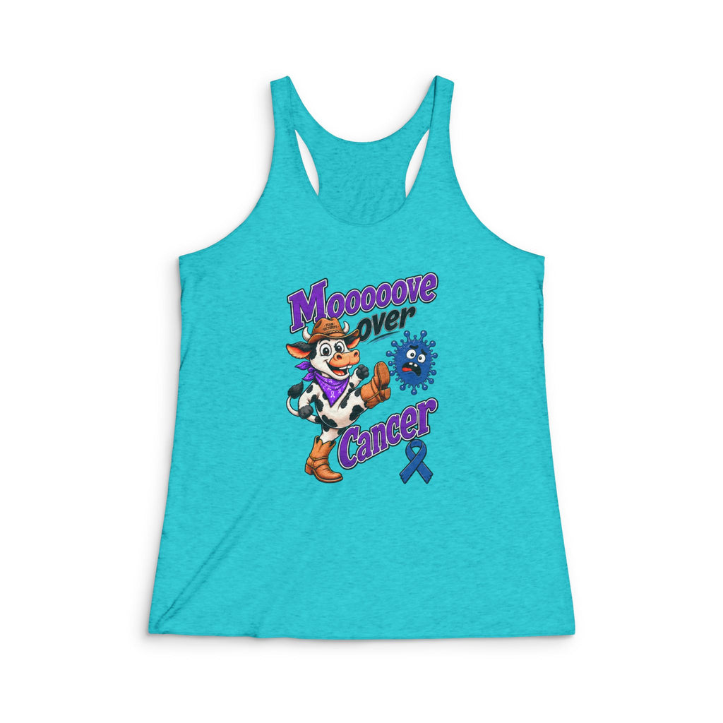 Moooove Over Cancer racerback tank top with colorful cow graphic and Colon Cancer awareness ribbon on turquoise