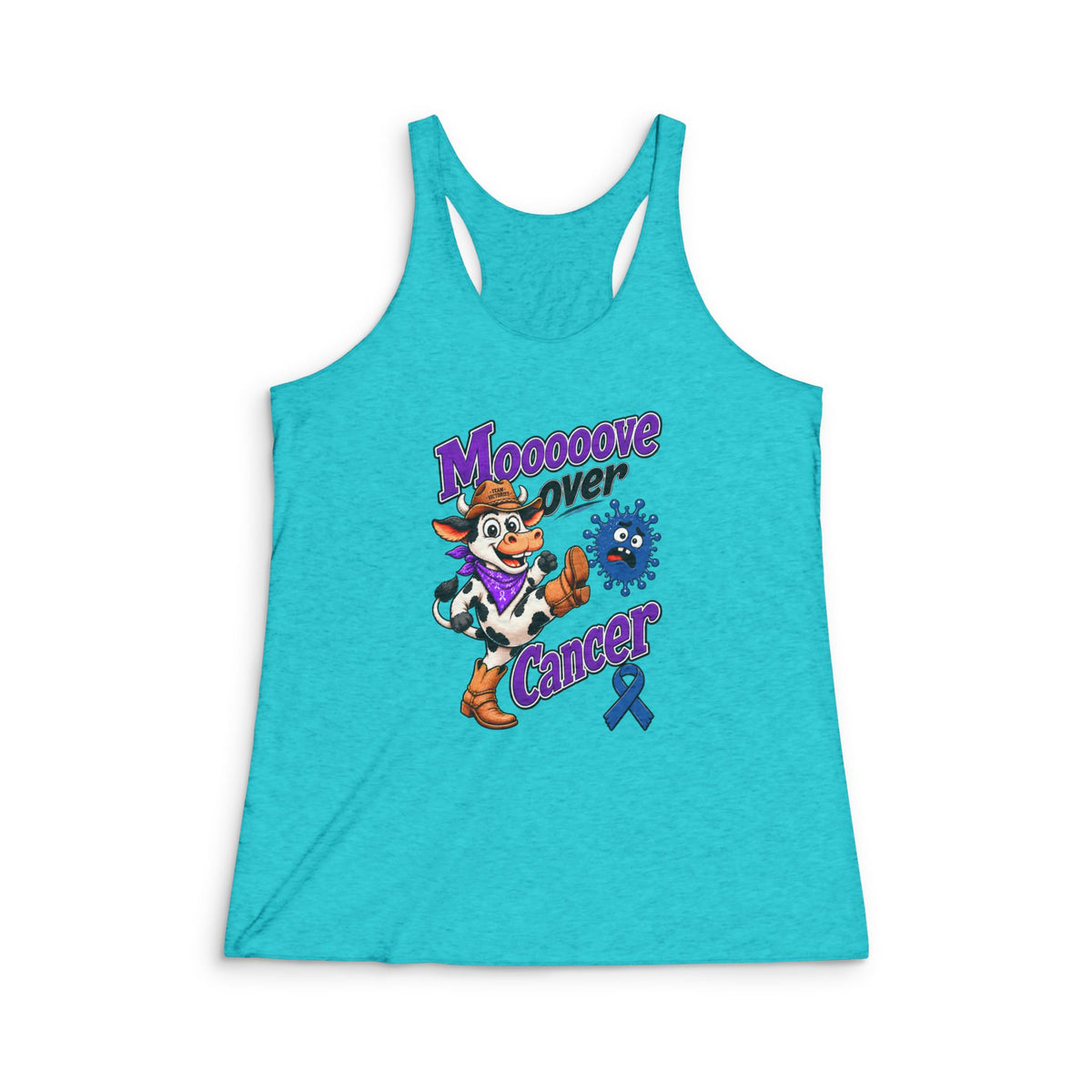 Moooove Over Cancer racerback tank top with colorful cow graphic and Colon Cancer awareness ribbon on turquoise