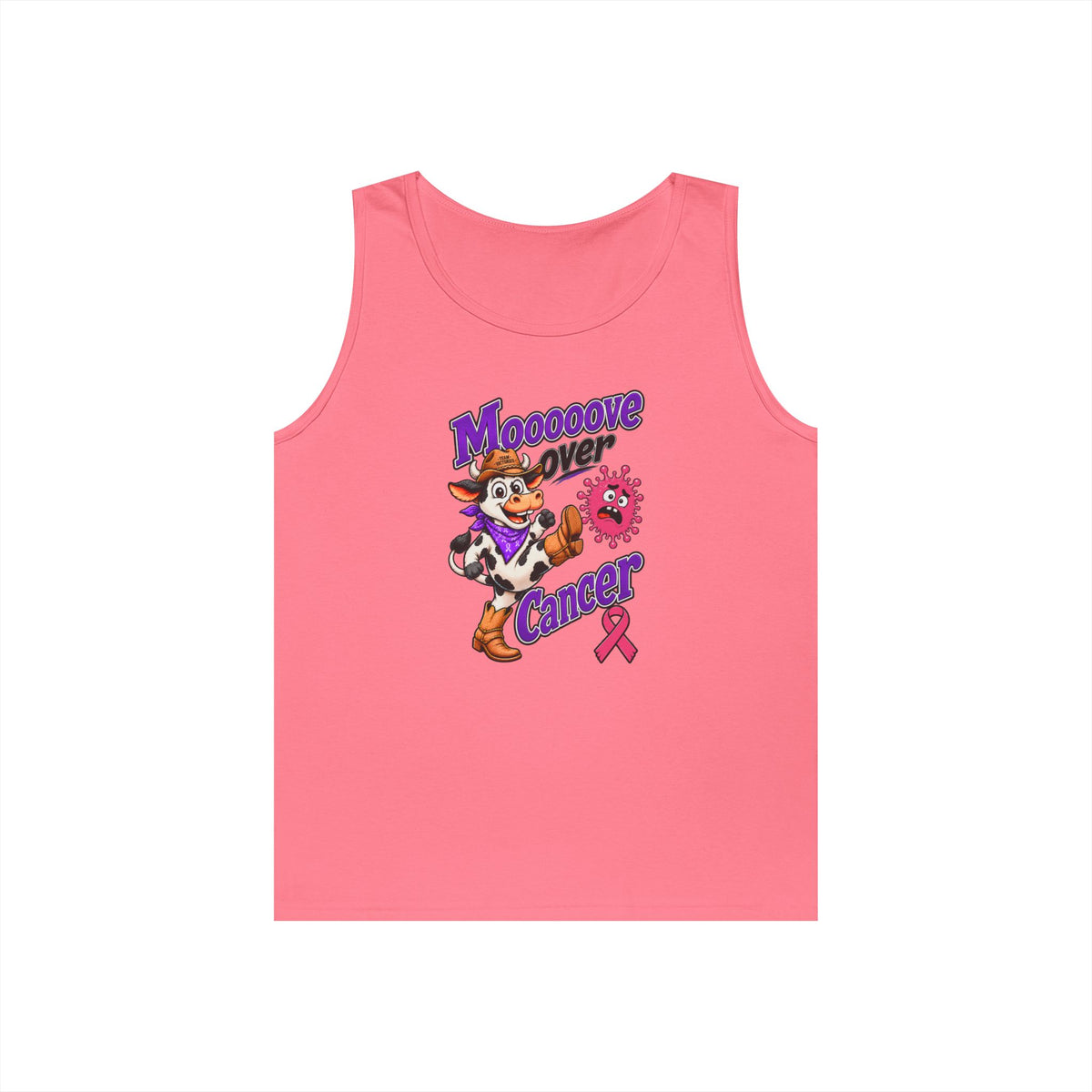 Pink Moooove Over Cancer tank top with western character and Breast Cancer awareness ribbon