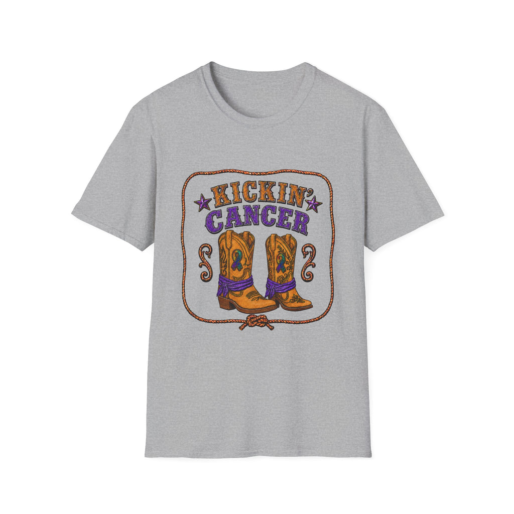 Gray Kickin' Cancer T-shirt featuring purple text and illustrated cowboy boots