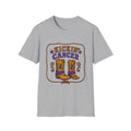 Gray Kickin' Cancer T-shirt featuring purple text and illustrated cowboy boots