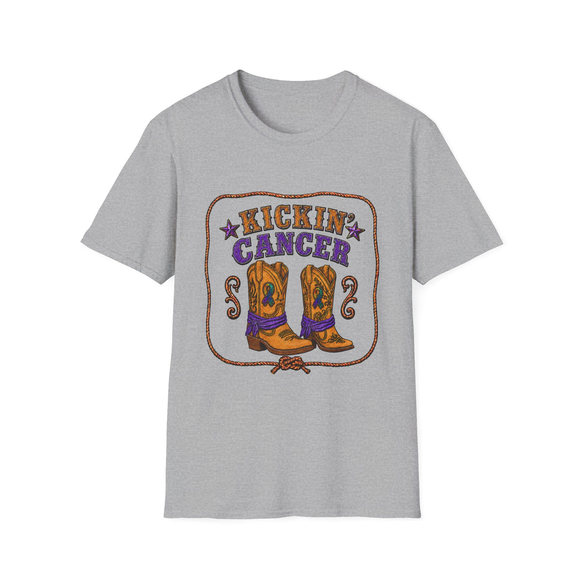 Gray Kickin' Cancer T-shirt featuring purple text and illustrated cowboy boots