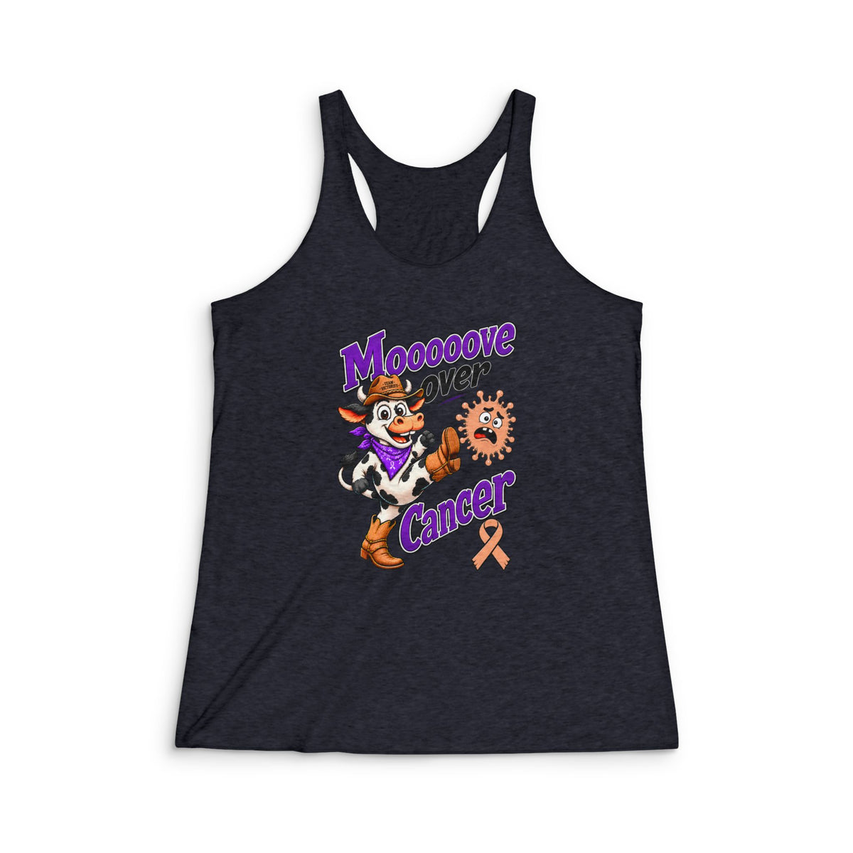 Moooove Over Cancer racerback tank top with peach Uterine Cancer awareness ribbon on a dark tank