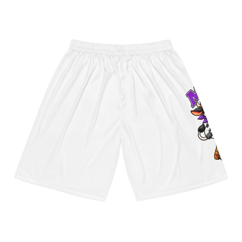 Back view of white Moooove Over Cancer basketball shorts with partial side artwork