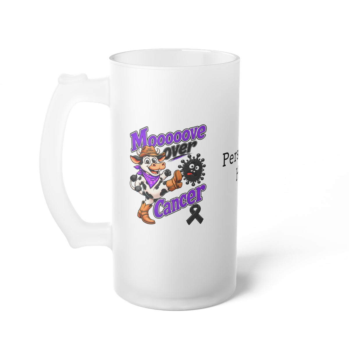 Moooove Over Cancer frosted glass mug with Melanoma Cancer awareness ribbon artwork