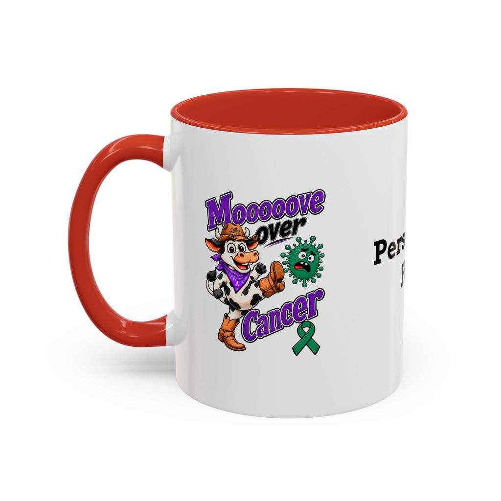 Moooove Over Cancer mug with a red accent and Team Victories ribbon design