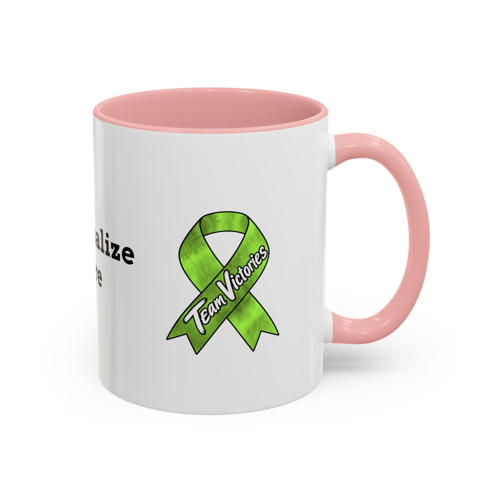Moooove Over Cancer awareness mug on a coffee table with pink accent and custom text area