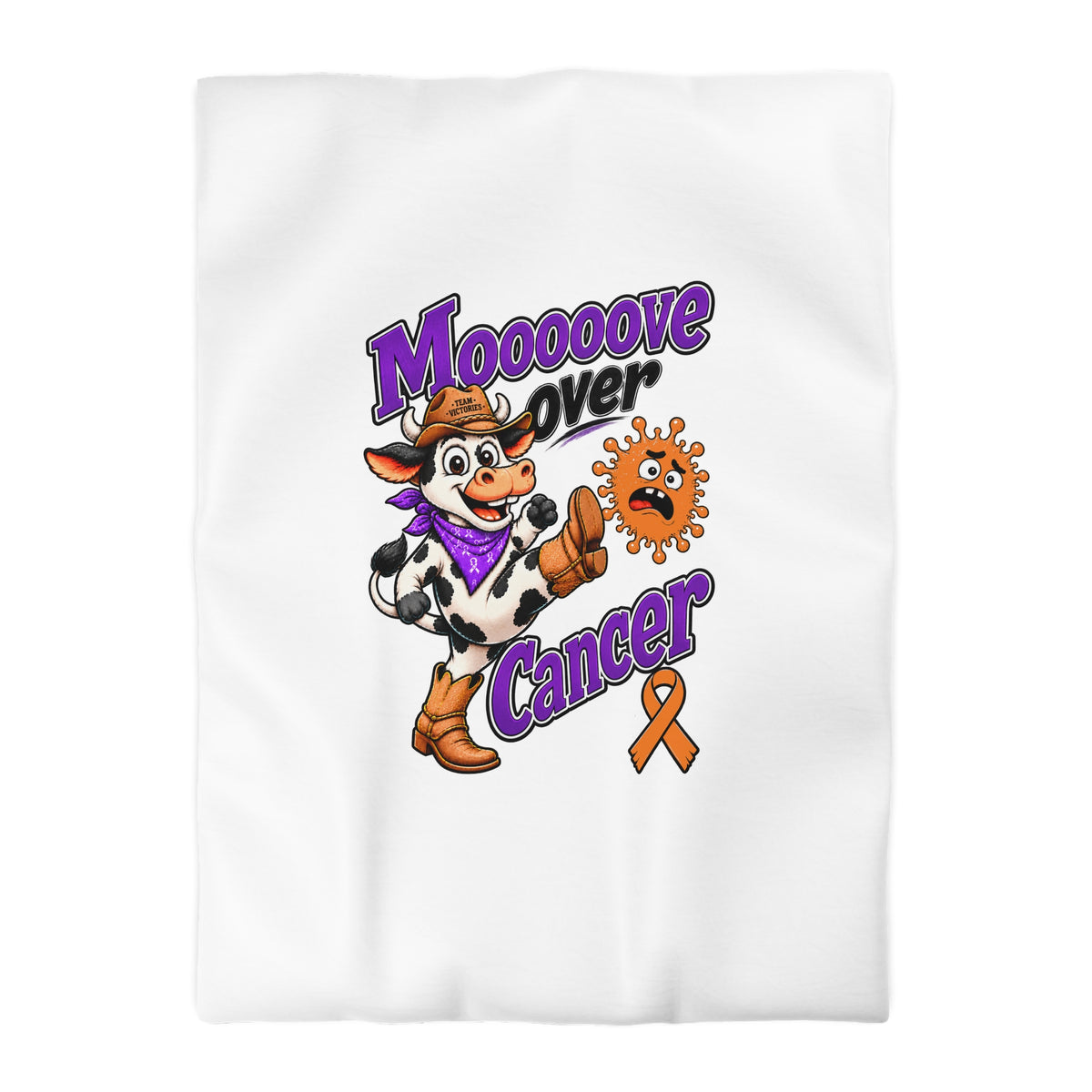 Moooove Over Cancer duvet cover styled on a bed with Western cow artwork and awareness ribbon design