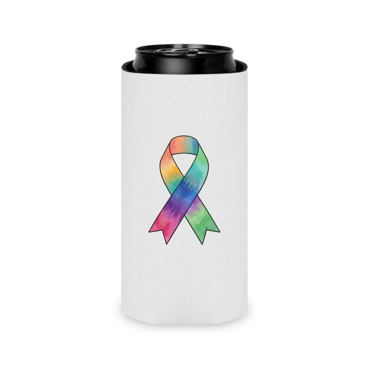 Light gray Slim Can cooler featuring a colorful awareness ribbon