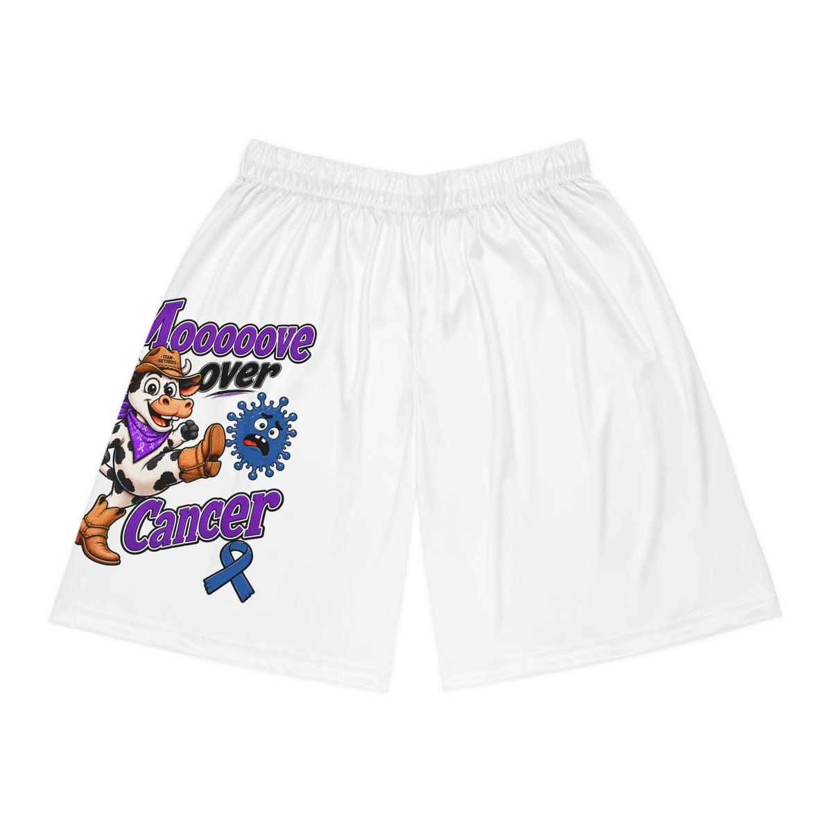 Moooove Over Cancer white basketball shorts with cow artwork and blue ribbon