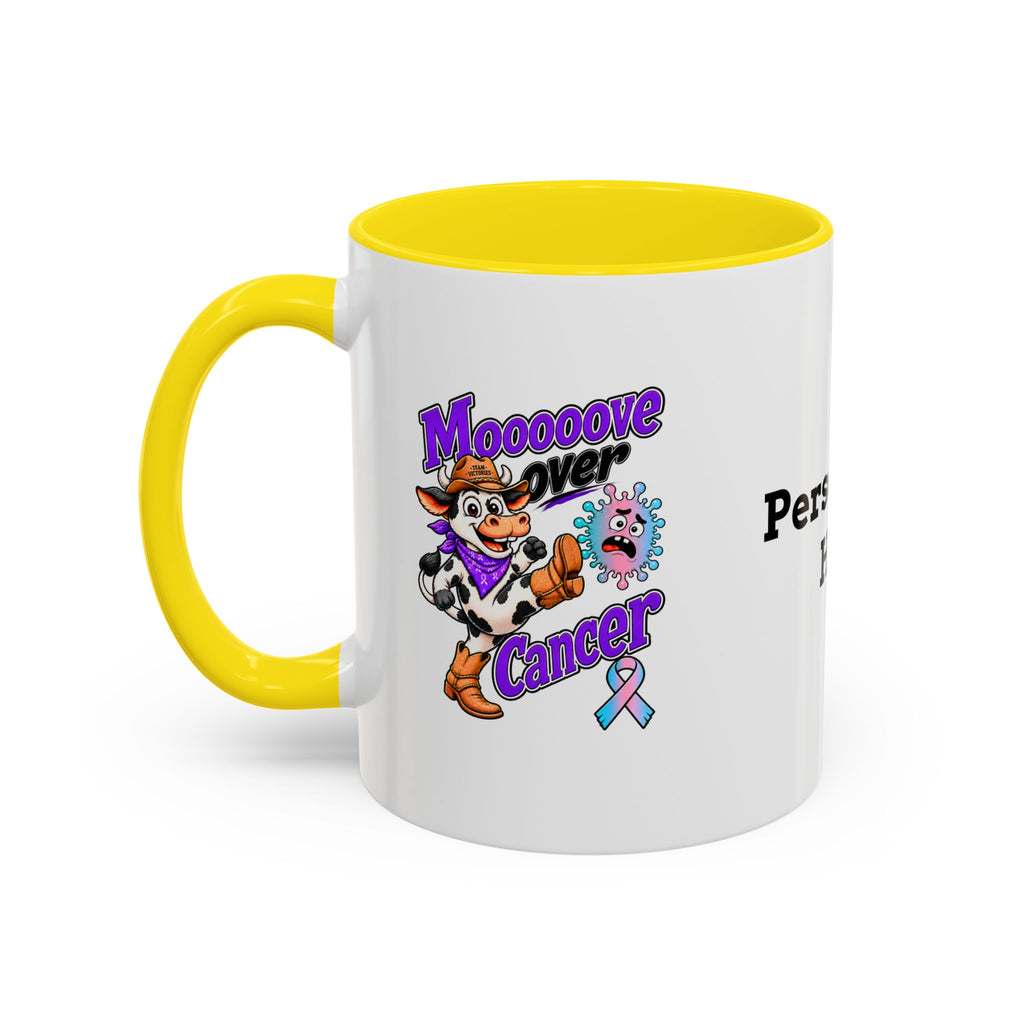 Side view of personalized Moooove Over Cancer mug with yellow accent handle
