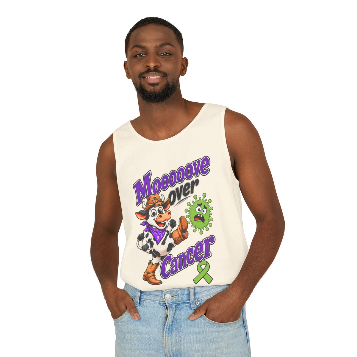 Woman modeling yellow Moooove Over Cancer tank top with cancer awareness design